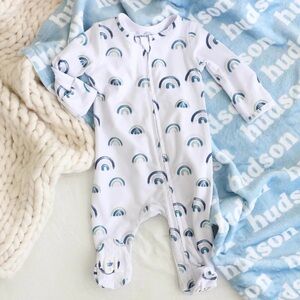 Caden Lane White Footed One-Piece with Blue Rainbows with Dusty Blue Knotted Hat